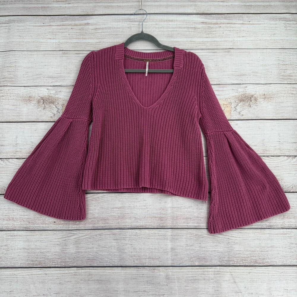 Free People Crop Scoop‎ Neck Sweater Womens Small Pink Lavender Flare Wrist